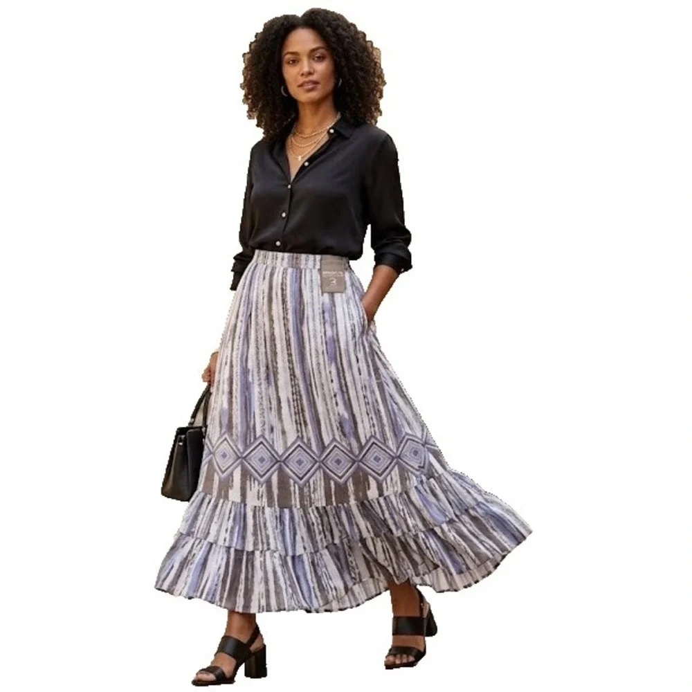 Chicos Size 3 Maxi Skirt Womens Black White Striped Geometric Split Long L